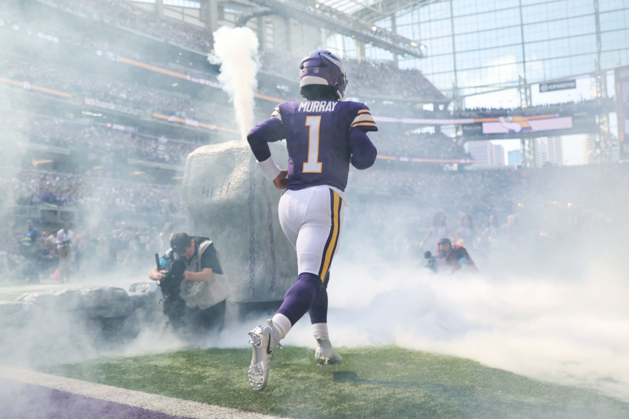 Kyler Murray in his No. 1 Vikings jersey taking the field